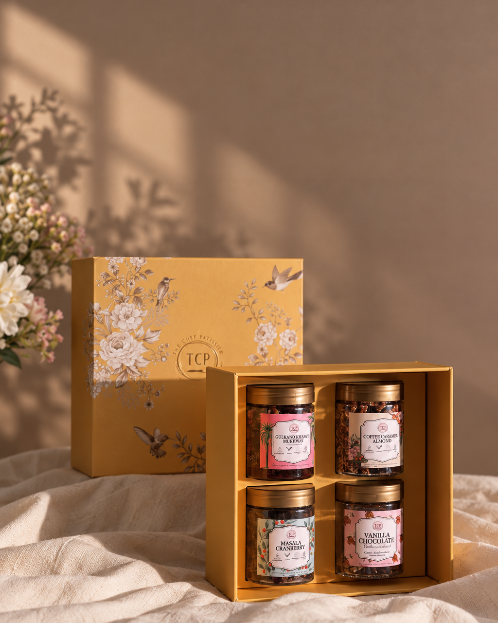 yellow box hamper with assorted 4 jars
